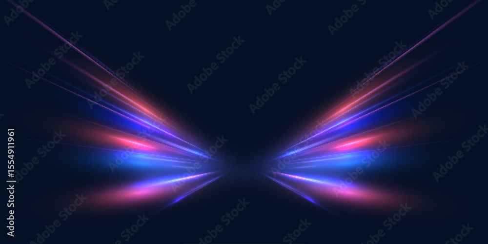 Aufkleber Light rays travel into the distance with an effect of acceleration and deep perspective. Visualization of speed, energy and digital movement in a dark environment.