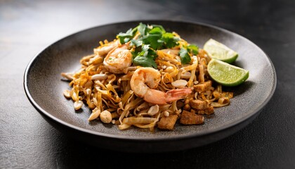 A delicious plate of Pad Thai with shrimp, tofu, peanuts, lime, and bean sprouts, garnished with fresh cilantro and chili flakes, ready to enjoy. AI
