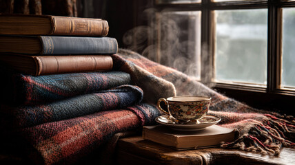 A cozy reading nook with stacks of classic novels wool blanket tea cup steaming on a table beside window light real photo stock photography