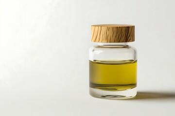 Olive oil in glass bottle with wooden lid, minimal