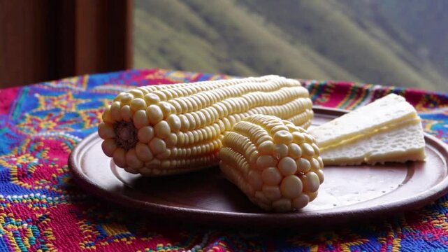 Peruvian choclo corn with queso fresco on traditional Inca textile