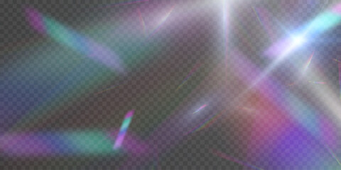 Rainbow and prismatic refraction of bright light reflections. Holographic reflections on a transparent background.