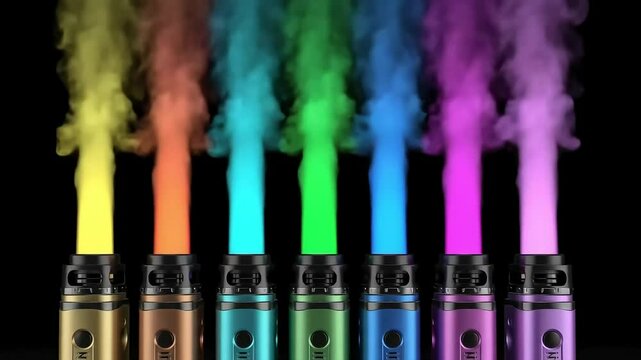 Six sleek vape pens aligned in a row against a black background, each emitting vivid smoke plumes in red, orange, yellow, green, blue, and purple. Bright, modern, and energetic.

