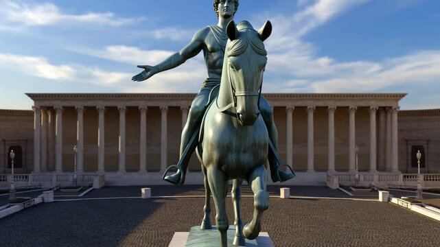 Marcus Aurelius statue under a blue sky with clouds in a historic public space, Marcus Aurelius statue
