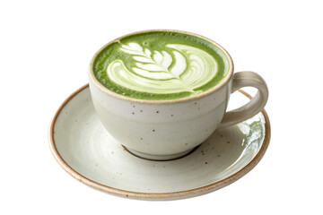 Artistic matcha latte with leaf foam design in ceramic cup
