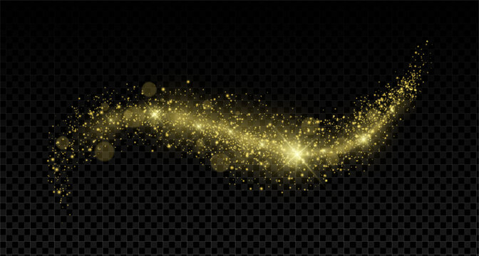 Gold glitter star dust swirl with magical light trail and glowing particles. Shiny abstract wave pattern creates elegant festive background. Transparent vector with shimmer, flare and burst effects.