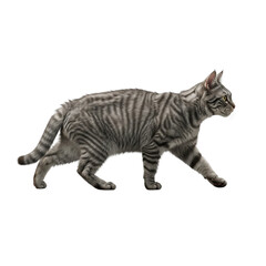 A sleek grey tabby cat walks gracefully across a pure white background