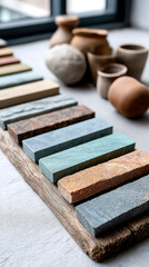 A set of colorful stone and ceramic samples displayed on a wooden board with pottery in the background, showcasing natural textures and earthy tones.