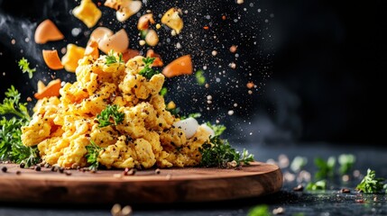 Freshly cooked scrambled eggs with chopped vegetables and herbs sprinkled on a rustic wooden plate
