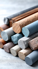 Various cylindrical and rectangular samples of stone and concrete materials stacked neatly on a surface.