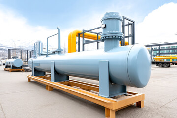 Large industrial horizontal heat exchangers with pipes and valves in an outdoor facility under a clear sky.