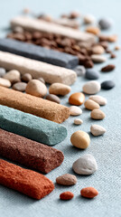 Close-up of textured sticks and smooth pebbles arranged in rows on a fabric surface, showcasing natural earthy colors and varied shapes.