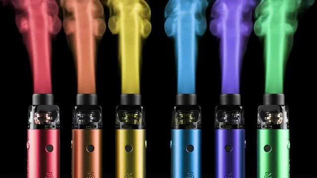 Six sleek vape pens aligned in a row against a black background, each emitting vivid smoke plumes in red, orange, yellow, green, blue, and purple. Bright, modern, and energetic.

