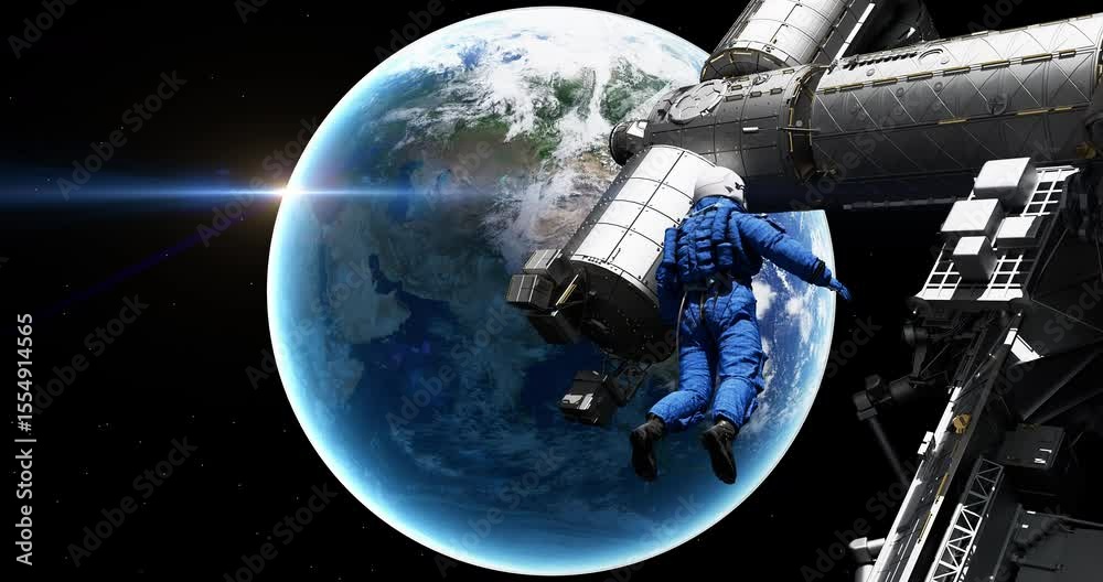 Wall mural beautiful view of earth, satellite, and floating astronaut in a space mission. space mission and tec