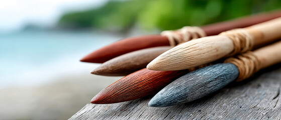 Close-up of traditional paintbrushes with wooden handles resting on a wooden surface, blurred natural background with greenery and water.