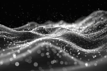 Dark abstract digital landscape; particle waves, bokeh background; tech design