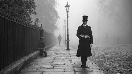 A foggy alleyway at night with a lone figure disappearing into the mist faint streetlight casting long shadows suspenseful atmosphere real photo stock photography