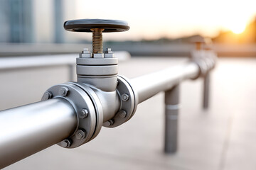 A close-up of a metallic valve on a horizontal pipeline, with bolts and a black handwheel, set against a blurred background with warm sunlight.
