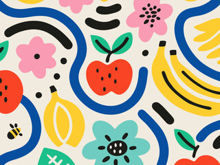 Vibrant abstract pattern with fruits flowers and a bee in a playful style