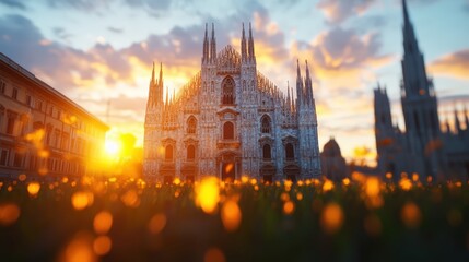 Obraz premium Stunning view of a majestic Gothic cathedral du sunset with vibrant sky and warm glow