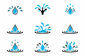 Collection of stylized water drop and splash icons with blue and black accents
