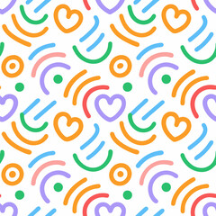Playful seamless pattern with colorful hearts and abstract shapes