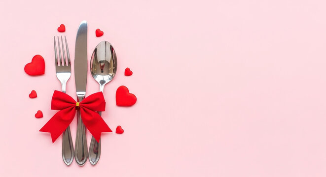Valentines Day Table Setting with Silverware Red Ribbon and Heart Decorations on a Light Pink Background for Romantic Dining Celebration - Powered by Adobe