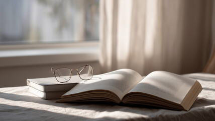 A peaceful home office setup featuring an open nonfiction book and eyeglasses on a minimalist desk by the window