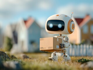 A cute white delivery robot holding a small box rolls through a blurred modern setting. delivery robot efficiently navigating a city street, transporting a package to its destination.