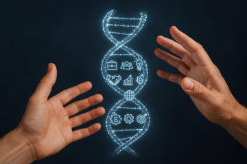 This visualization highlights innovation and growth by presenting a glowing DNA helix symbolizing connection and progress within business environments