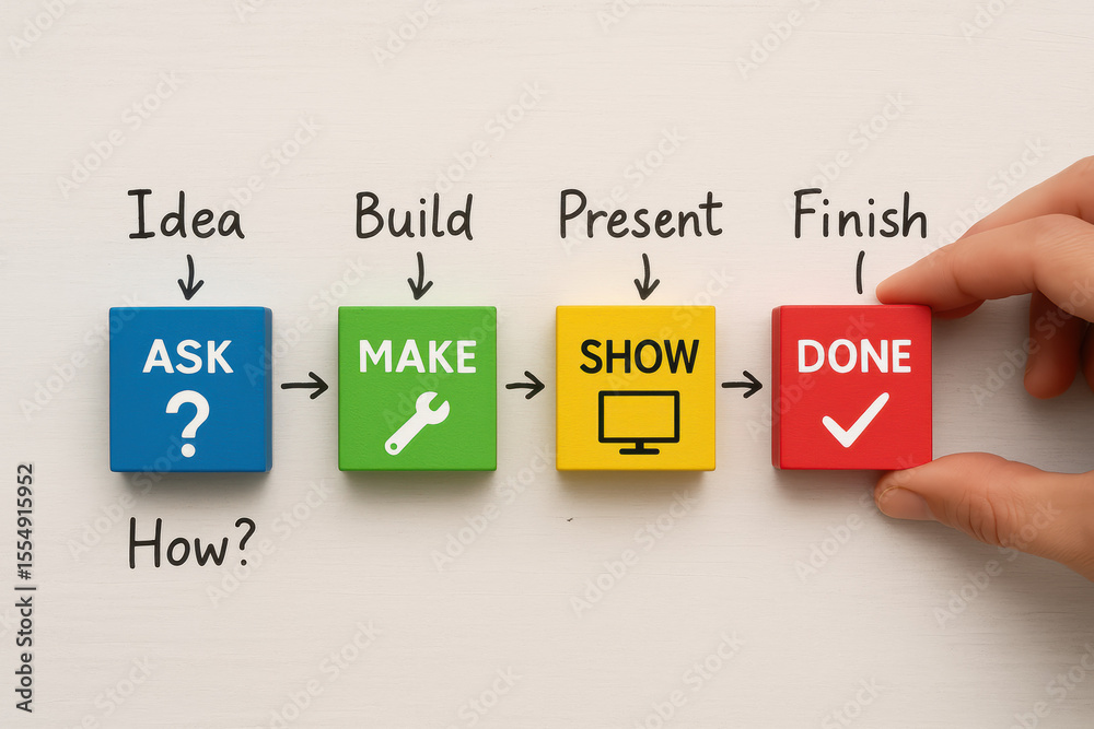 Poster this visual representation highlights the progression from idea generation through creation and pres