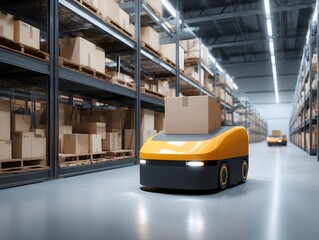 Smart warehouse management system using  reality technology to identify package picking and delivery . Future concept of supply chain.