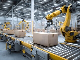 A robotic arm loads and moves boxes in a warehouse setting.Warehouse automation robot arm conveyor belt boxes logistics distribution center technology industry.