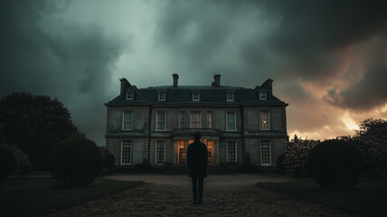 A person standing in front of an old mansion during a thunderstorm with dark clouds swirling above and ominous tension real photo stock photography