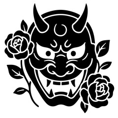 Black and white illustration of a demon mask with roses.
