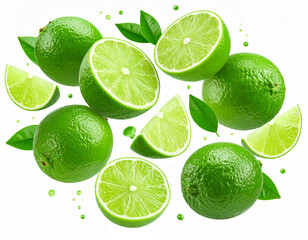 Dynamic Green Arrangement: Floating Lime, Vivid Slices, Pure Background