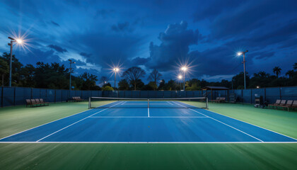Illuminated tennis court at night with dark blue sky and clouds, showing the net, lines, and surrounding trees.