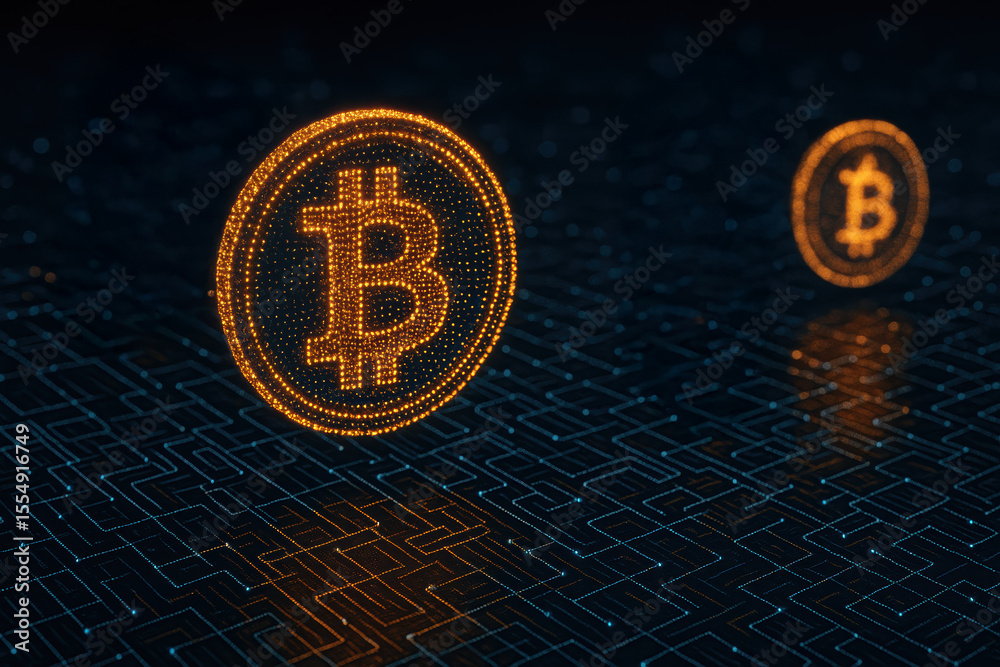 Poster digital currency transactions are secured through illuminated quantum circuits symbolizing innovatio