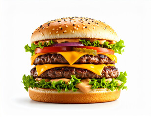 Juicy Double Cheeseburger with Fresh Ingredients on White Background.
