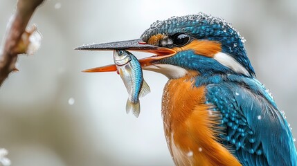 A close-up of a kingfisher holding a small fish in its sharp beak