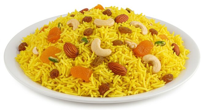 Plate of Pakistani zarda sweet rice with nuts and dried fruits isolated on a white background for food photography or culinary use