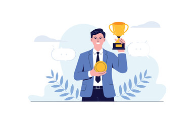 Illustrated Businessman Holding a Trophy and Coin Symbolizing Achievement and Success