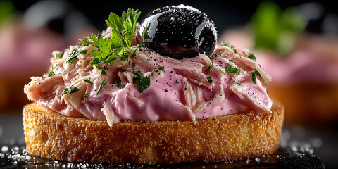 Elegant Appetizer: Close-up shot of a delicate appetizer featuring creamy pink mousse, shredded meat, and a single black olive, garnished with fresh parsley, sitting on a toasted bread slice.