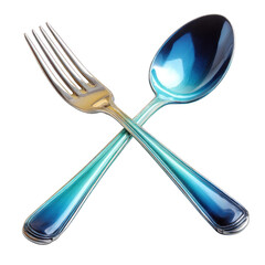 Fototapeta premium A blue and silver fork and spoon are crossed, isolated on transparent background
