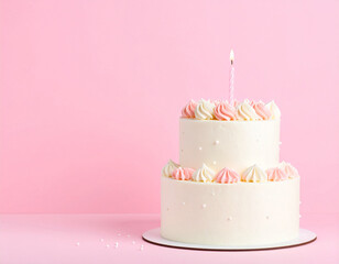 Two-Tier Birthday Cake with Candle on Pink Background.