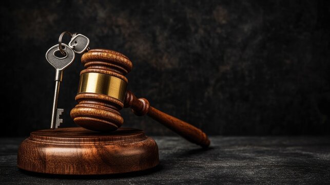 Wooden gavel and keys on a dark surface.
