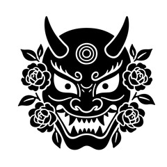 Black Hannya mask with roses tattoo style vector design.
