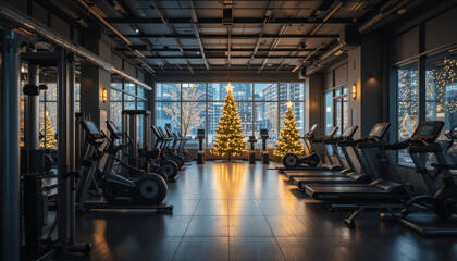 Interior view of a modern, well-equipped gym with treadmills, weight machines, and decorative lights.
