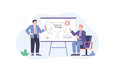 Business strategy presentation with two professionals, highlighting success and innovation in a modern flat vector style
