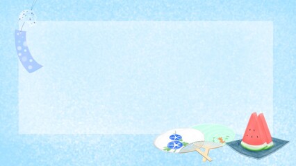 涼しげな風鈴・うちわ・スイカの夏イメージ背景イラスト